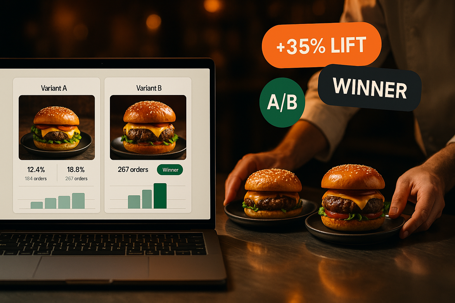 Stop Guessing Which Menu Version Sells More — Test two descriptions, two photos, or two prices side by side. See which one gets more orders. Pick the winner. Done.