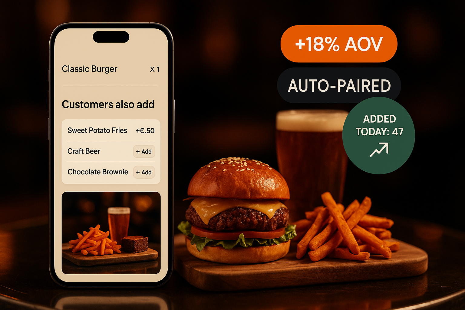 Increase Average Order Value on Autopilot — Three modes from co-purchase to AI-ranked to per-customer personalization. Pick the level that fits your venue. No staff effort. No guessing.