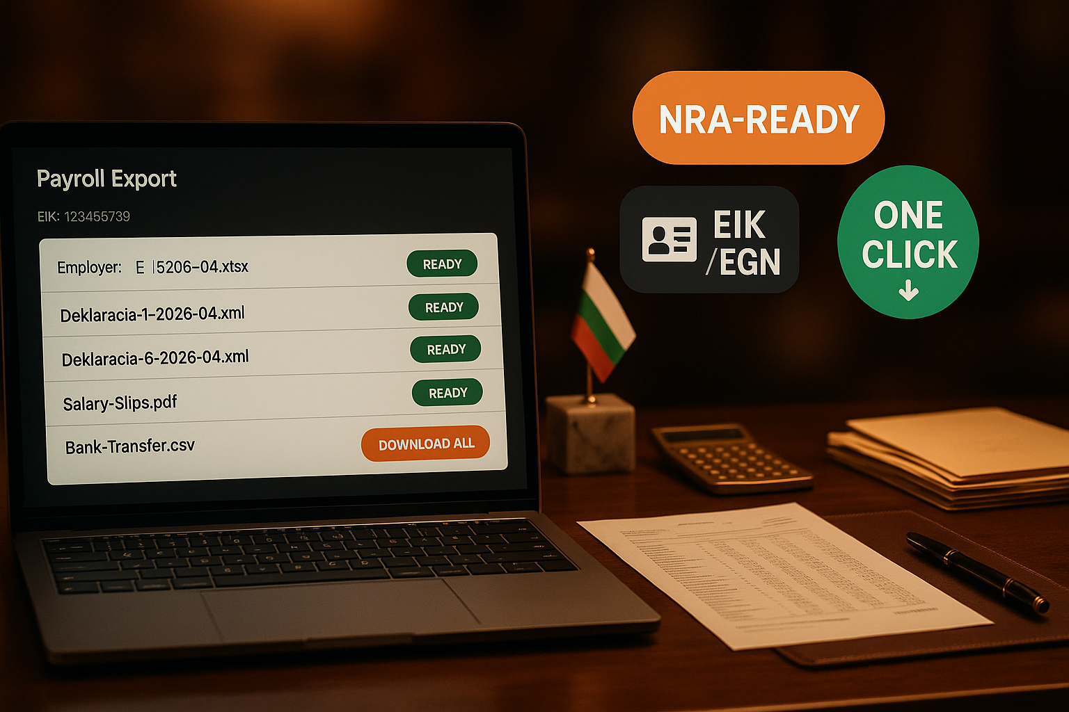 BG Payroll Reports — Generate ведомост, Декларация 1+6, and bank-transfer files — Compliant report generation for Bulgarian employers — pull hours from clock events, apply the year's official insurance and tax rates, and download files ready for the NRA portal and your bank.