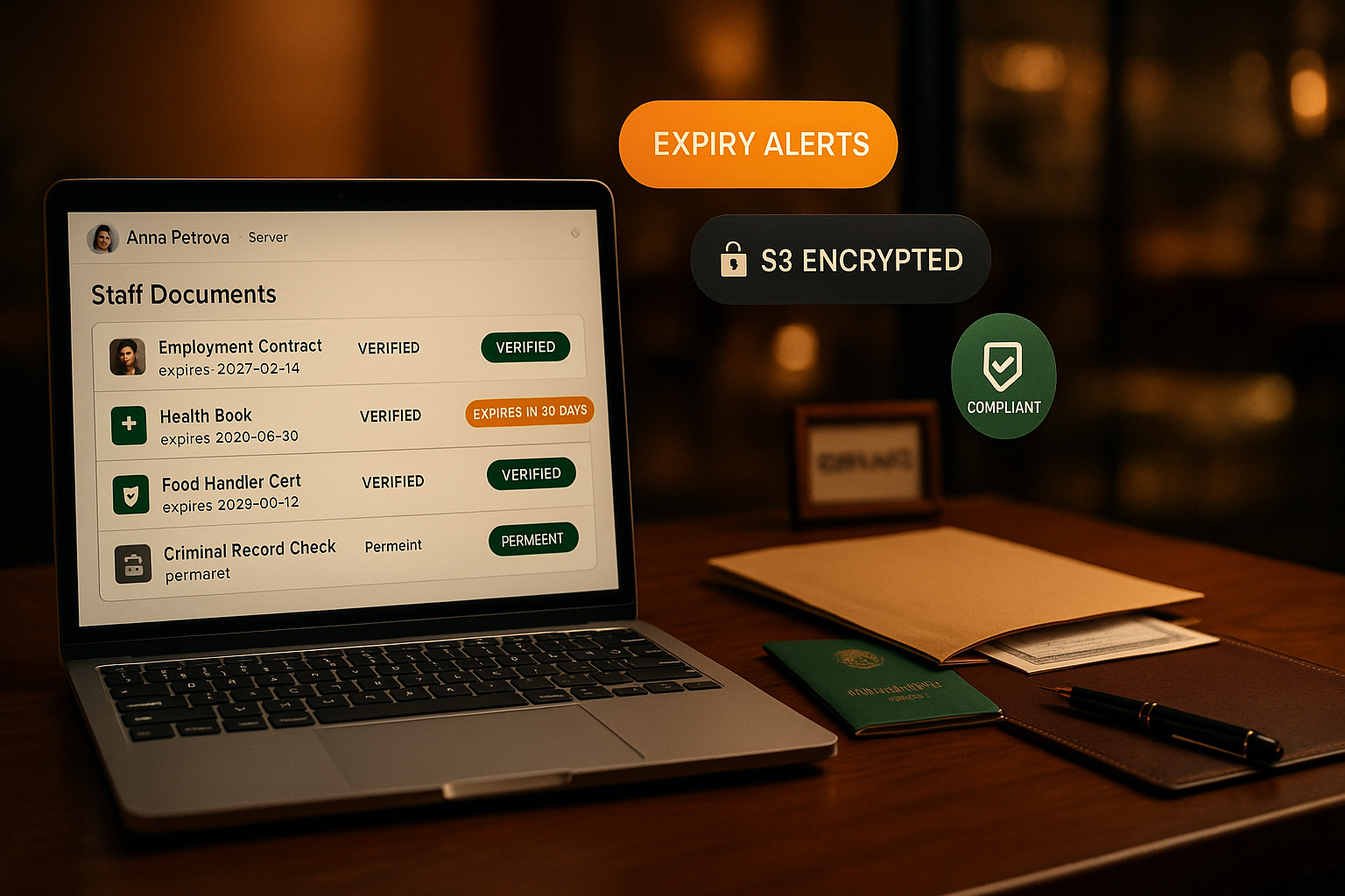 Staff Documents — Track contracts, criminal records, health books, and work permits — Upload once, get notified before they expire. Manager-uploaded only (anti social-engineering); staff see their own copies on their phone; expiry watcher pages you 30/14/3 days out.
