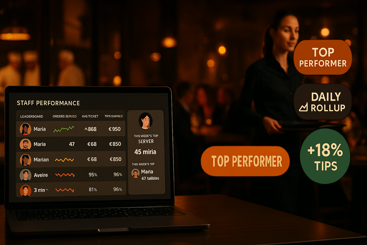 Staff Performance — Daily metrics that surface real coaching moments — Per-staff dashboards with orders served, average ticket, on-time rate, voided items, and customer feedback — rolled up nightly from your live order data, not from a separate POS export.